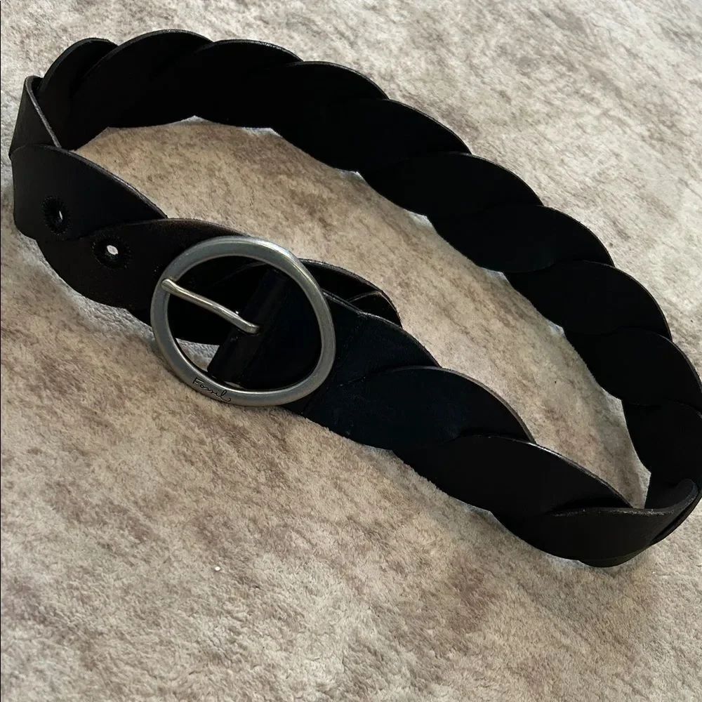 Fossil Dark Brown leather Braided Belt with Silver Buckle small